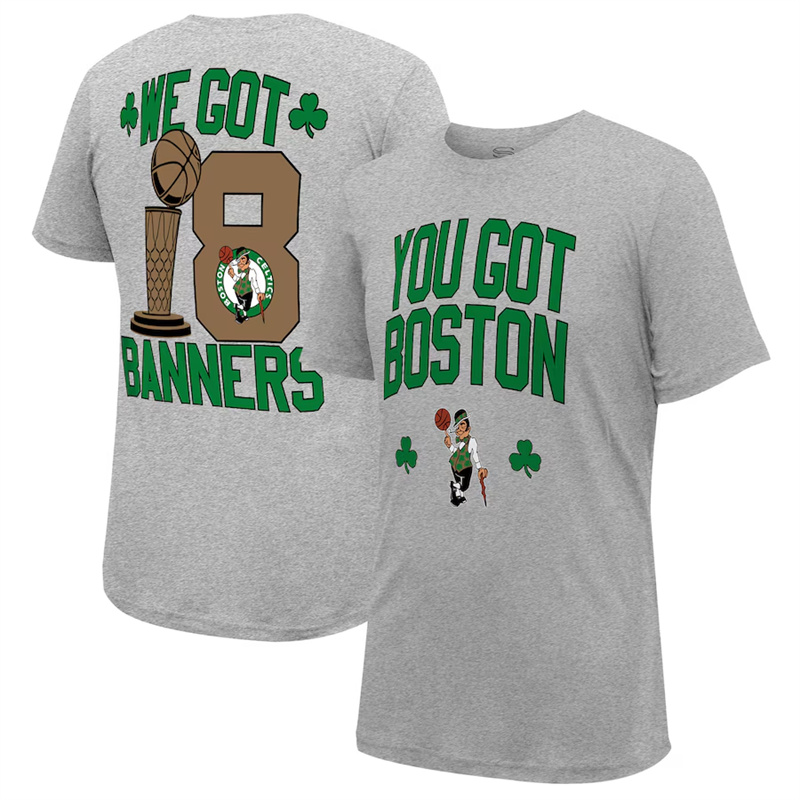 Men's Boston Celtics Grey 2024 Finals Champions 18 Banners T-Shirt Men's Boston Celtics Grey 2024 Finals Champions 18 Banners T-Shirt